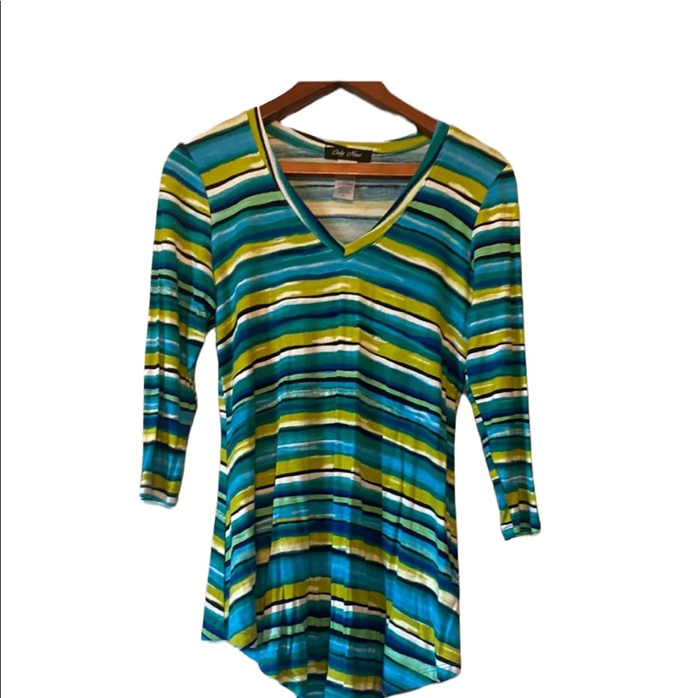 Only Nine Green and Blue Striped  3/4 Sleeve Top